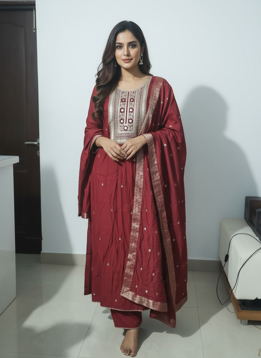 Maroon embroidered ethnic suit with dupatta